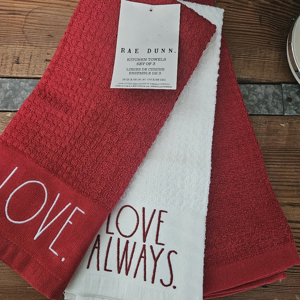 Rae Dunn Love Always Red and White Towel Set